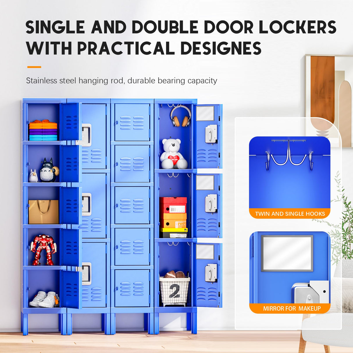 INTERGREAT Metal Lockers for Employees, 3 Door Storage Locker, Tall Steel Locker Cabinet for School, Office, Home, Gym, Kid Room, with Mirror (Blue, INTERGREAT