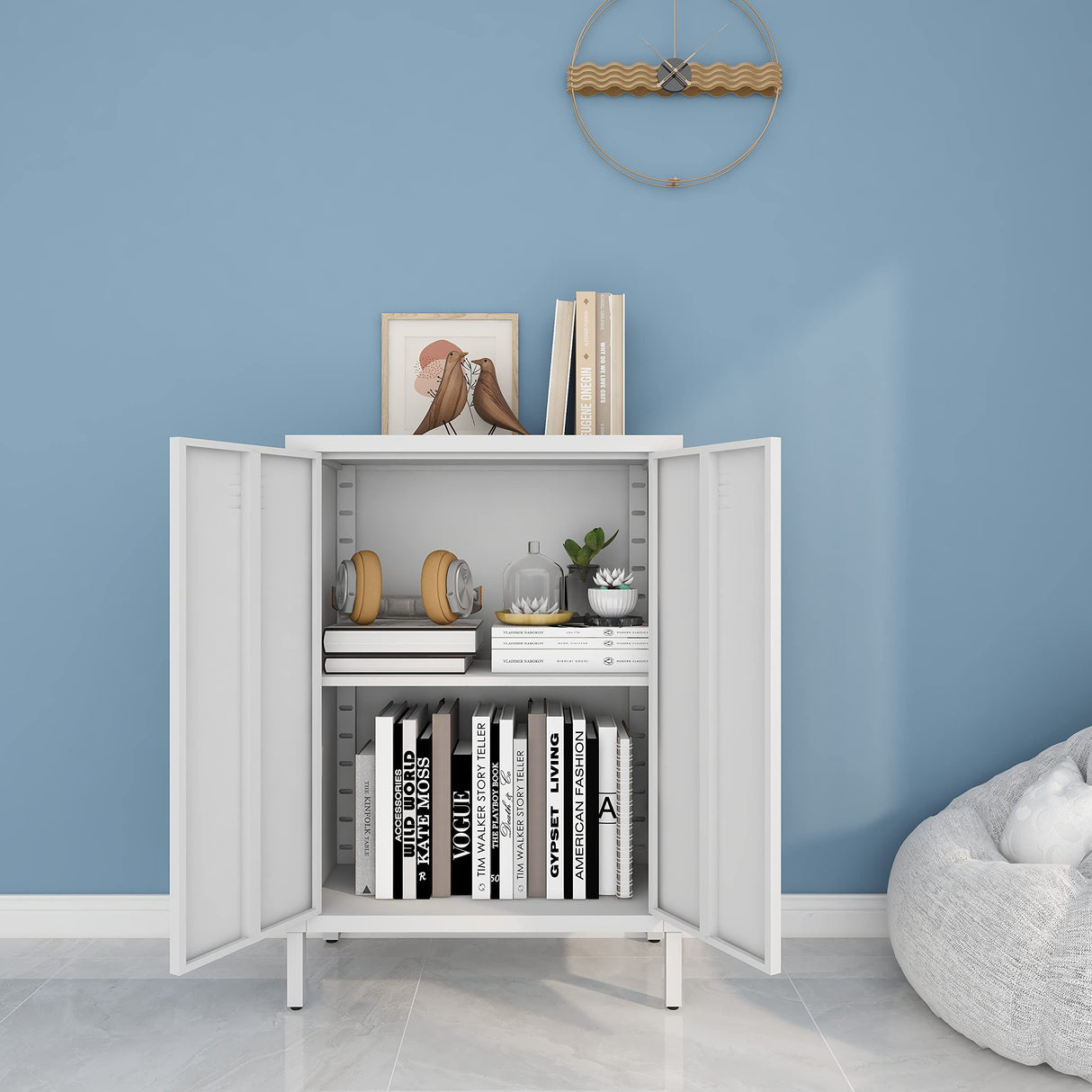 WISUNO Metal Accent Storage Cabinet for Bed Room,Living Room,Home,Hotel,Office,Garage,3-Tier,2 Removable Shelves (2 Metal Door H40.15'', White) WISUNO