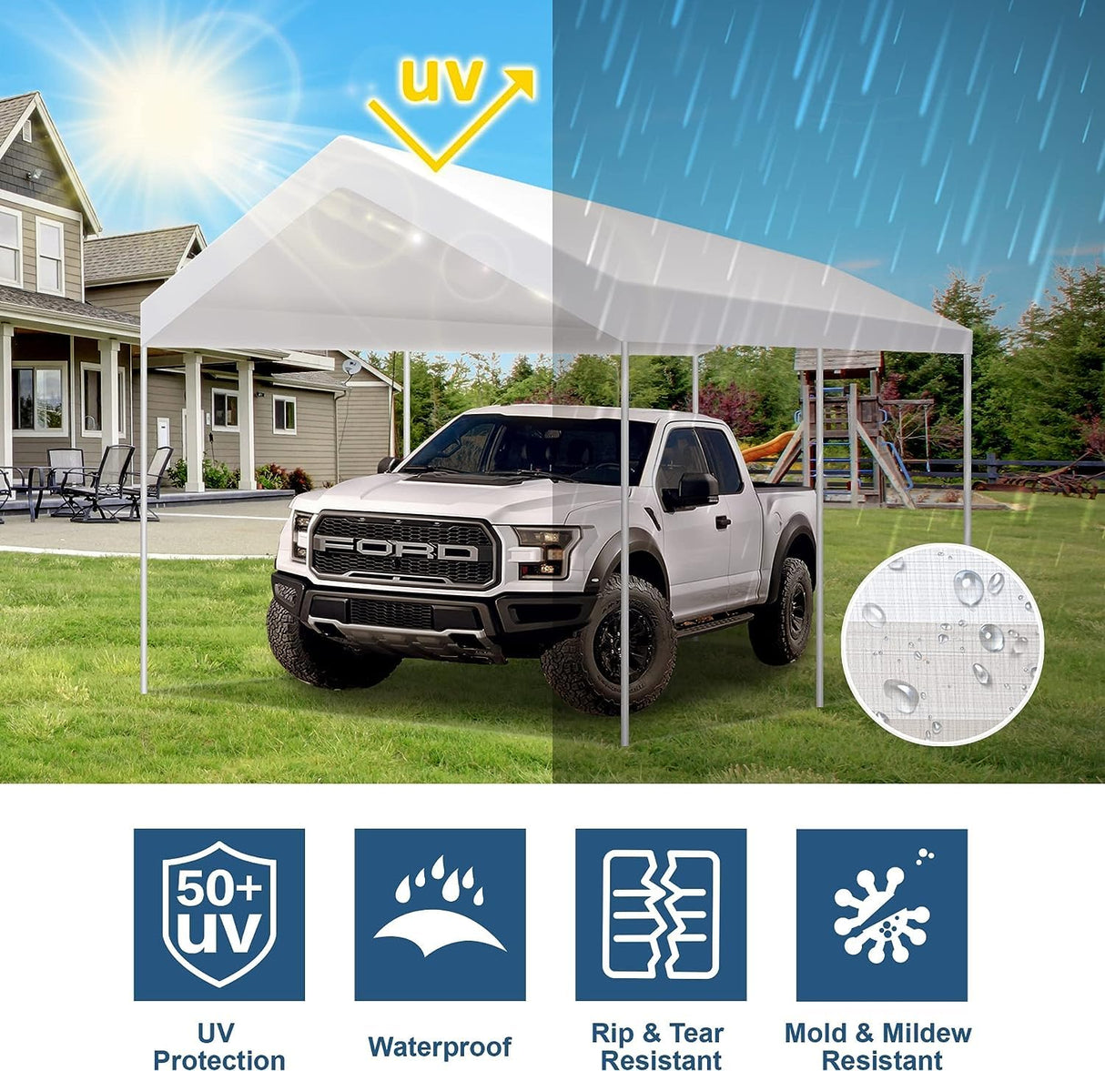 TGEHAP 10'x20' Carport Replacement Top Canopy Cover White for Car Garage Top Tarp Shelter Waterproof & UV Protected w/Ball Bungees (Only Top Cover, TGEHAP