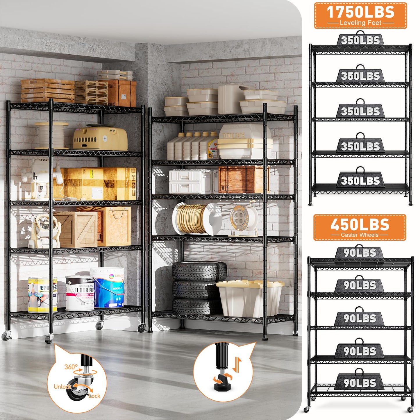 REIBII Wire Shelving Rack with Wheels Storage Shelves with Wheels 73.6" H Metal Shelving Unit Load 1750LBS Adjustable 5 Tier Metal Shelves for - WoodArtSupply