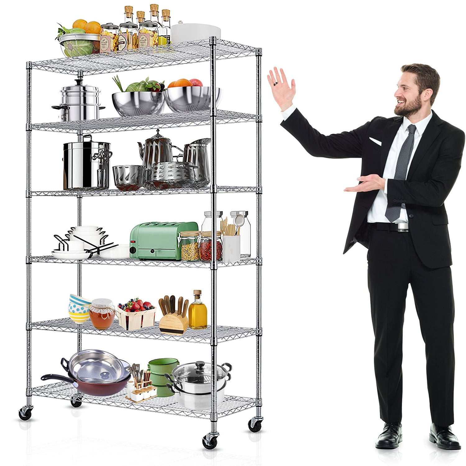 6-Tier Storage Racks, 2100Lbs Capacity Heavy Duty Metal Shelf with Wheels, NSF Certified Commercial Grade Adjustable Large Wire Shelving Unit for Haiput Wam