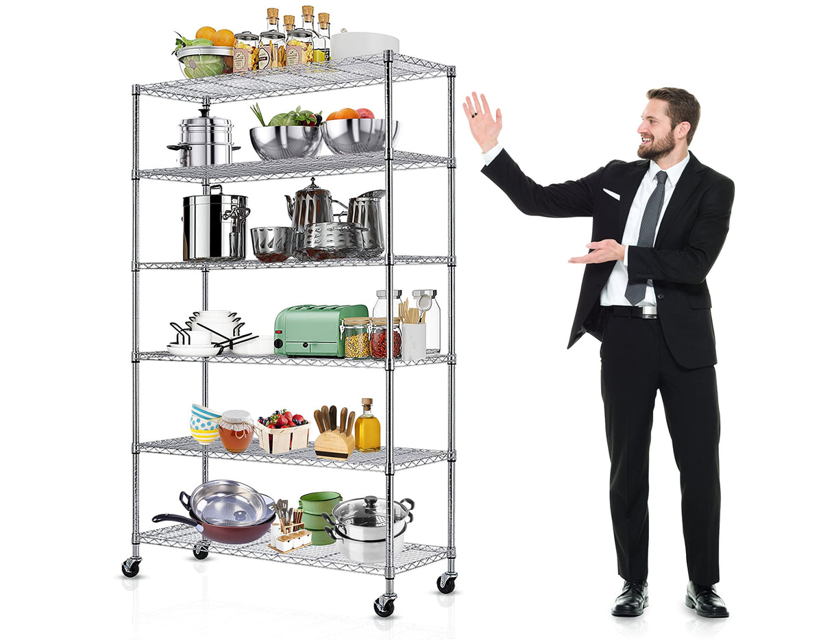 6-Tier Storage Racks, 2100Lbs Capacity Heavy Duty Metal Shelf with Wheels, NSF Certified Commercial Grade Adjustable Large Wire Shelving Unit for Haiput Wam