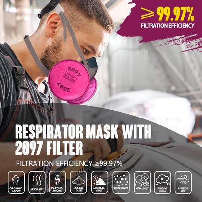 Urjoai Quick Latch Half Mask Respirator 6502QL - Reusable Respirator Mask with 2097 Filters Against Gases, Dust, Asbestos, Lead Paint, Fumes, Respirator Mask for Chemicals Epoxy Resin Paint Welding