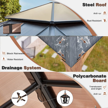 YOLENY 12' x 14' Ultra-Thick Columns and Beams Hardtop Gazebo, Metal Gazebo with Faux Wood Grain Aluminum Frame, Dual Material Double Roof, Outdoor