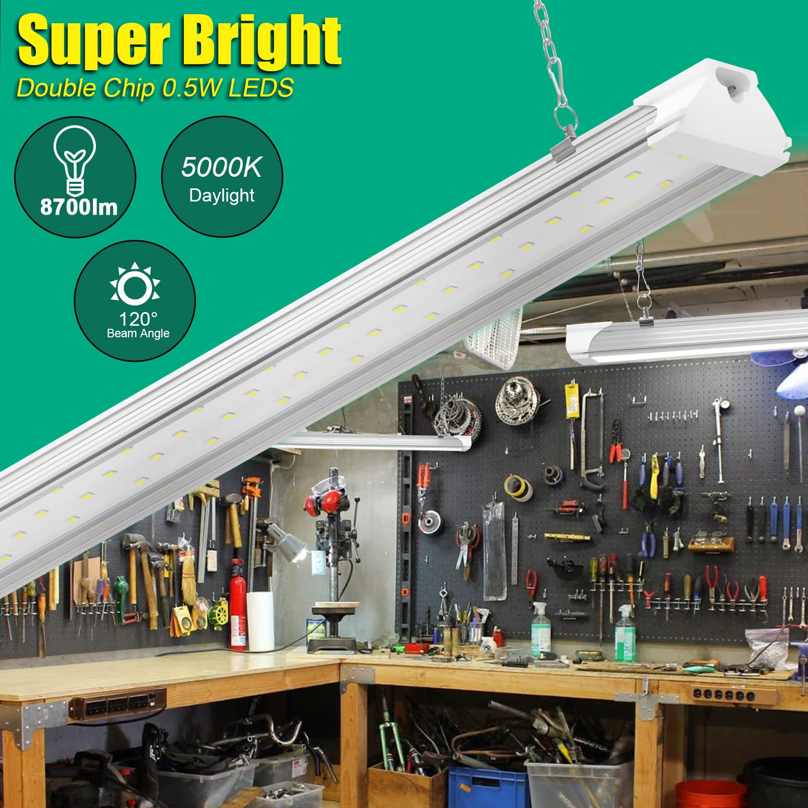 6 Pack LED Shop Light 4FT 60W, 8700LM Linkable Utility Shop Light 5000K Daylight White Hanging/Mounted Light for Garage, Super Bright Integrated Shop - WoodArtSupply