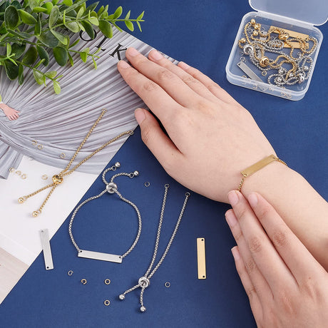 UNICRAFTALE 2 Colors Engravable Bracelets DIY Kit Including Rectangle Engravable Blank Tags Links Connectors 24cm 304 Stainless Steel Slider Bracelet UNICRAFTALE