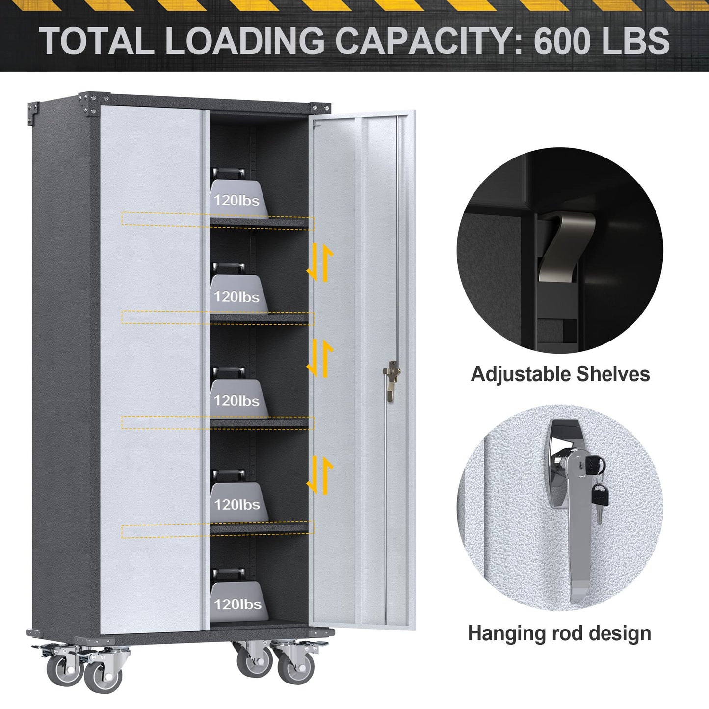 SUXXAN 71" Tall Metal Storage Cabinets with Doors and 4 Adjustable Shelves, Lockable Rolling Cabinet Silver&Black，Home Office Metal Utility Cabinet - WoodArtSupply