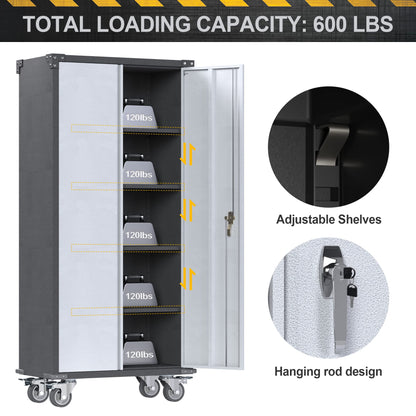 SUXXAN 71" Tall Metal Storage Cabinets with Doors and 4 Adjustable Shelves, Lockable Rolling Cabinet Silver&Black，Home Office Metal Utility Cabinet - WoodArtSupply