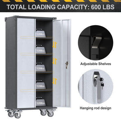 71'' Tall Metal Storage Cabinet with Wheels, Rolling Garage Cabinet with Lockable Doors and Adjustable Shelves, Metal Utility Cabinet for Garage and