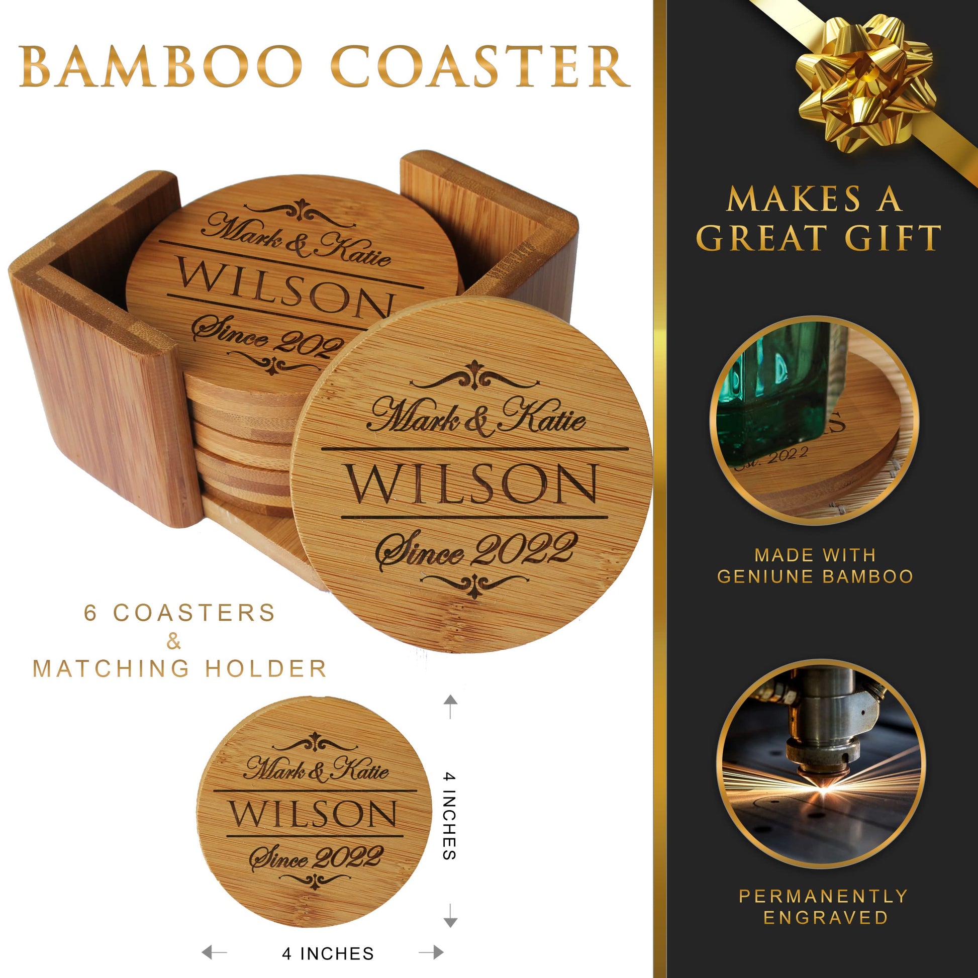 My Personal Memories, Custom Engraved Bamboo Wood Coasters - Personalized Coaster Set for Drinks, Weddings, Couples with Holder (Round Bamboo) - WoodArtSupply