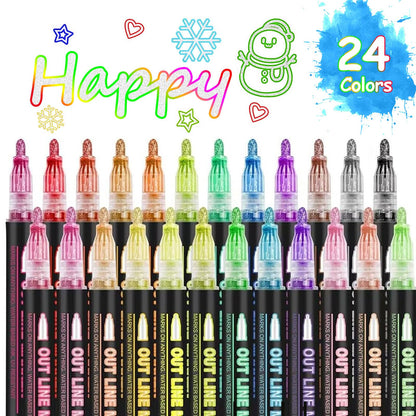 Double Line Outline Markers 24 Colors Super Squiggles Glitter Markers Self Outline Metallic Markers, Doodle Shimmer Markers Drawing Pens for