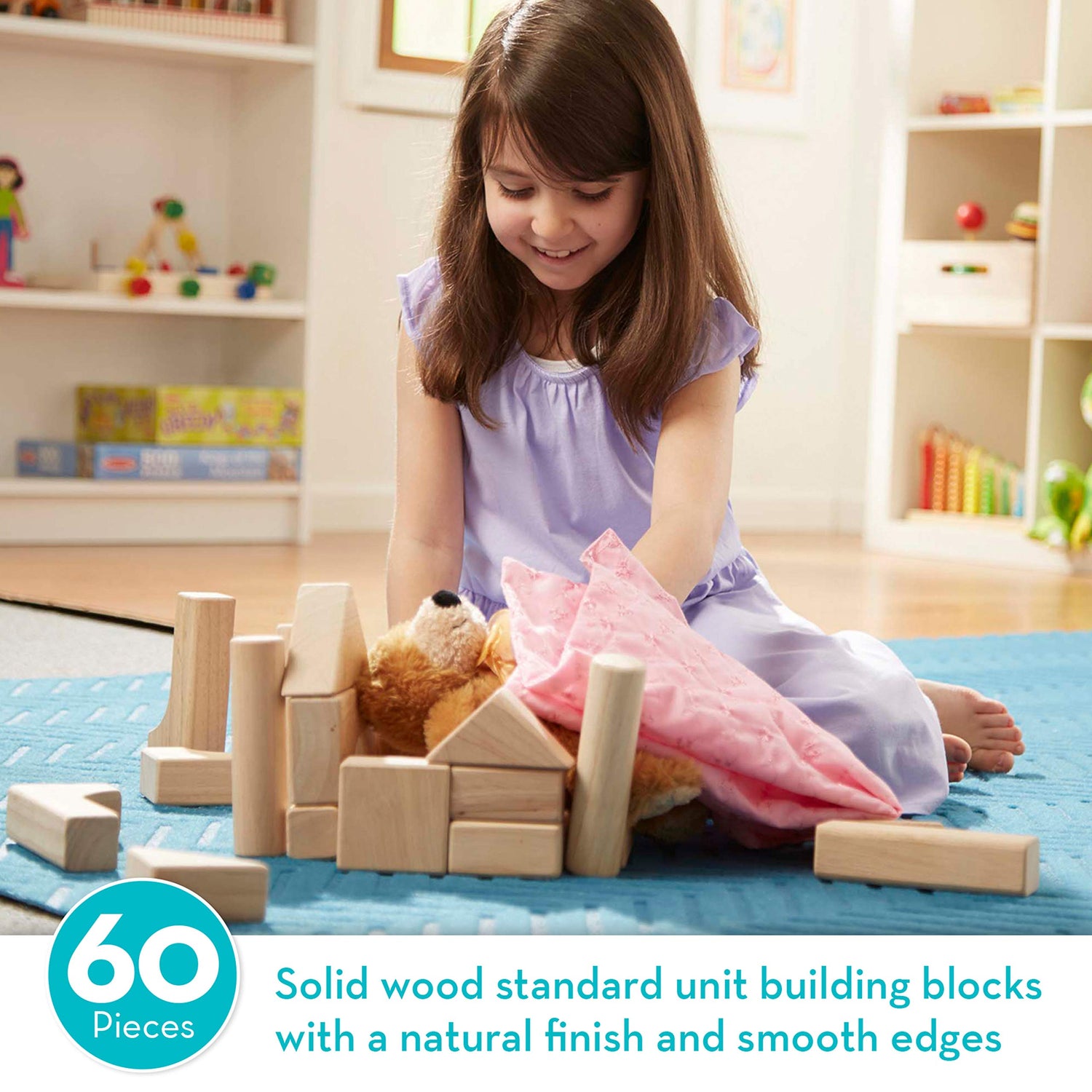 Melissa & Doug Standard Unit Solid-Wood Building Blocks With Wooden Storage Tray (60 pcs) - Classic Blocks For Toddlers Ages 3+ Melissa & Doug