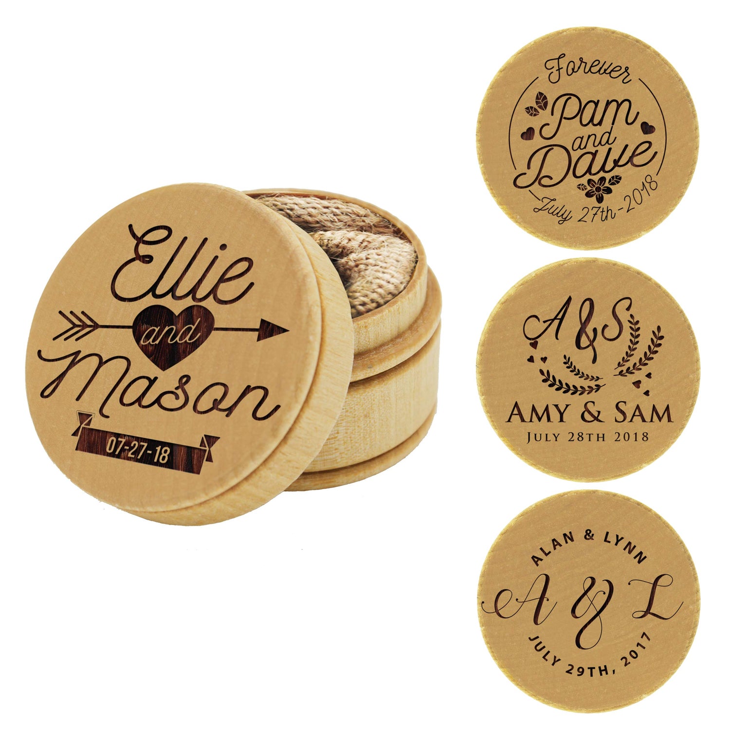 The Wedding Party Store, Custom Engraved Ring Box Holder - Personalized Rustic Round Wood Ring Bearer Wedding Box The Wedding Party Store