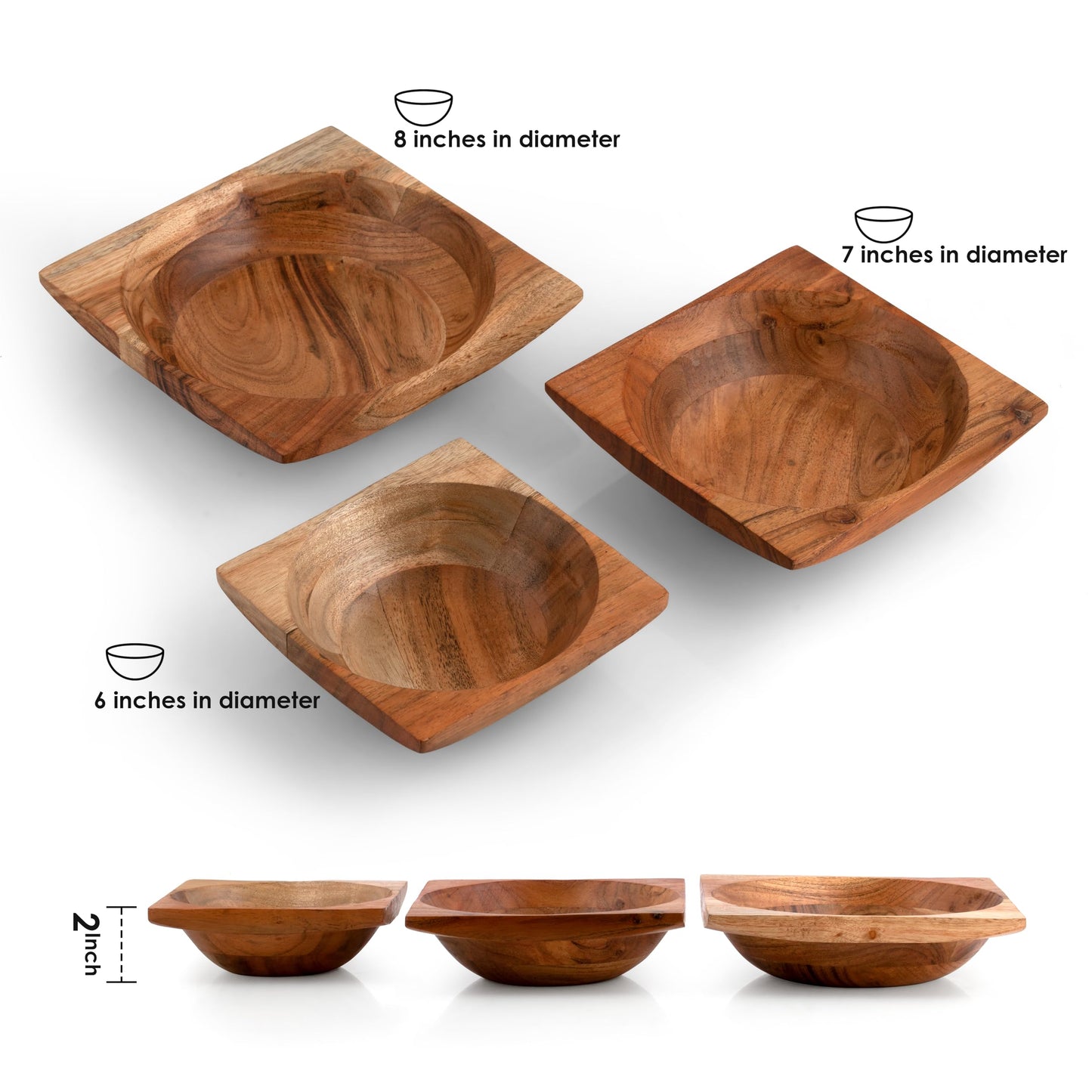 WEBHUSHI Acacia Wood Nesting Square Set 3 Serving Bowl 8”, 7”, 6” Mix size Stackable little Dish for Prep Salad Snack, Nuts,Wasabi Dip sauce Salsa - WoodArtSupply