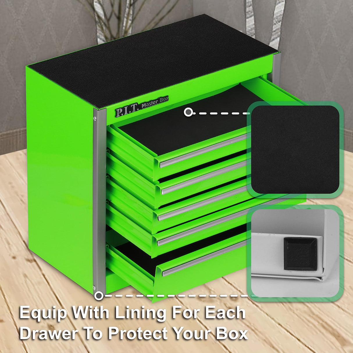 P.I.T. Portable Five-Drawer Steel Tool Box, Green Hand Carry Tool Cases for Tools Storage P.I.T.