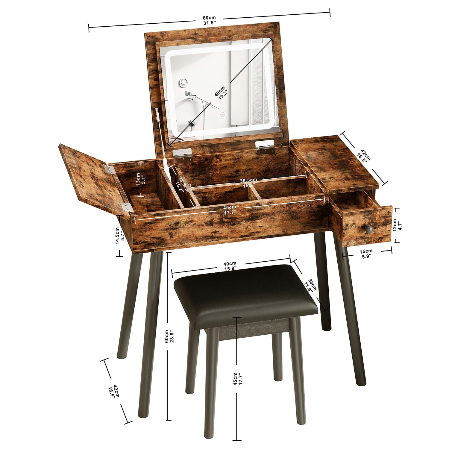 IRONCK Vanity Desk Set with LED Lighted Mirror & Power Outlet, Flip Top Makeup Vanity Table with Drawers & Cabinet,for Bedroom, Bathroom, Vintage IRONCK