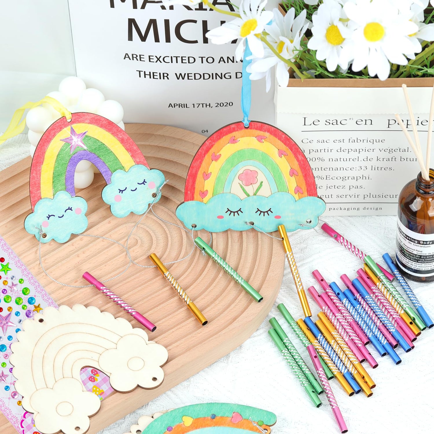 12 Pack Wind Chime Crafts for Kids, Make Your Own Boho Rainbow Wind Chime Kit DIY Coloring Wooden Craft Unfinished Rainbow Wood Ornaments for Girls TREACLUB