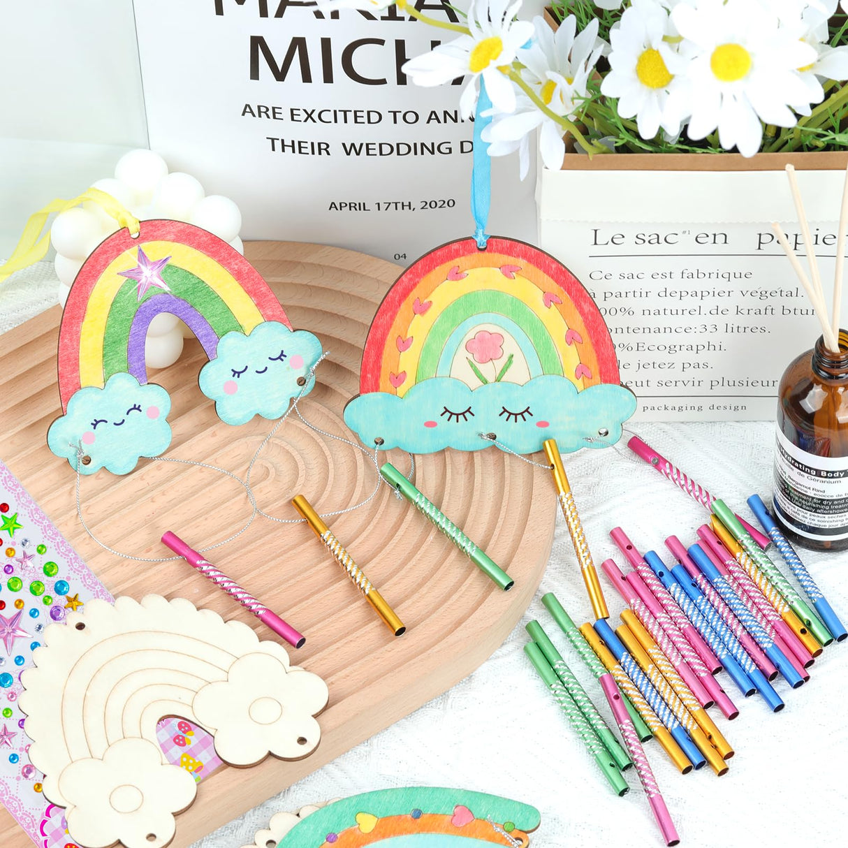 12 Pack Wind Chime Crafts for Kids, Make Your Own Boho Rainbow Wind Chime Kit DIY Coloring Wooden Craft Unfinished Rainbow Wood Ornaments for Girls TREACLUB
