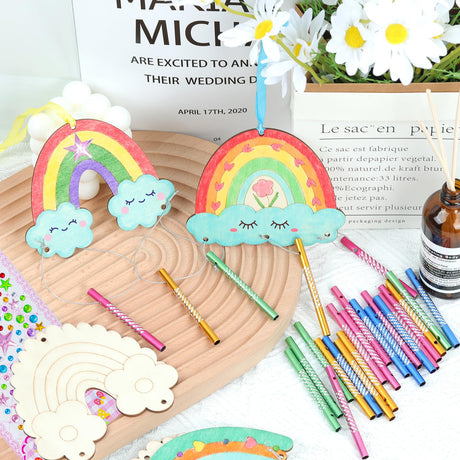 12 Pack Wind Chime Crafts for Kids, Make Your Own Boho Rainbow Wind Chime Kit DIY Coloring Wooden Craft Unfinished Rainbow Wood Ornaments for Girls TREACLUB