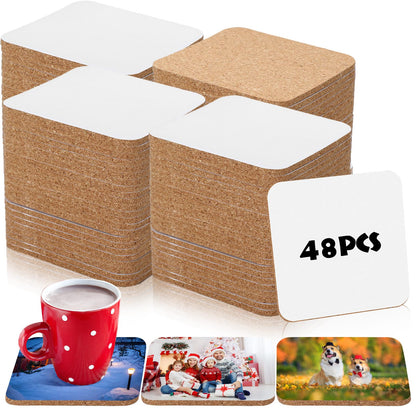 Layhit 48 Pcs Sublimation Coasters Blanks 3.74 x 3.74 Inches MDF Square Coasters with Cork Back Sublimation Blanks Absorbent Coasters Wood Hardboard