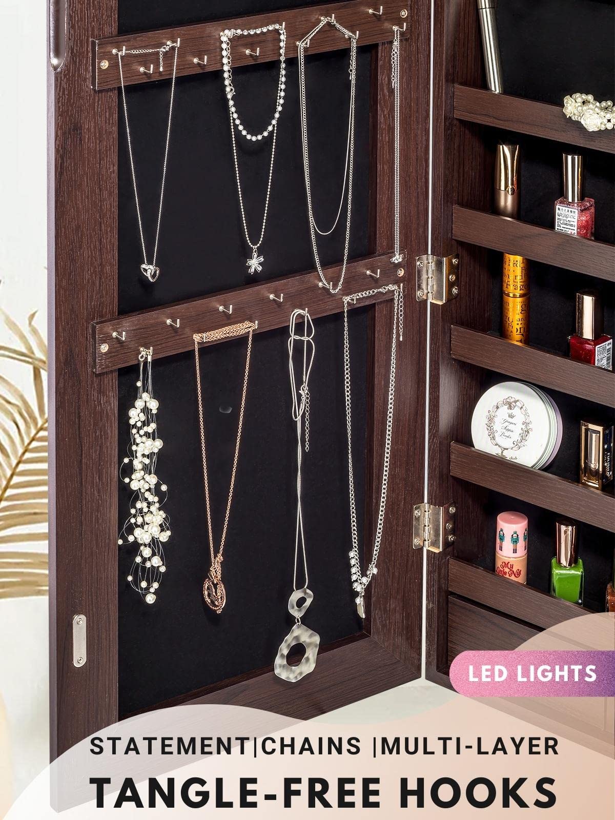 YOKUKINA Jewelry Mirror Armoire Cabinet, Large Storage Organizer w/LED Light, Door-Hanging/Wall-Mounted Lockable, Brown