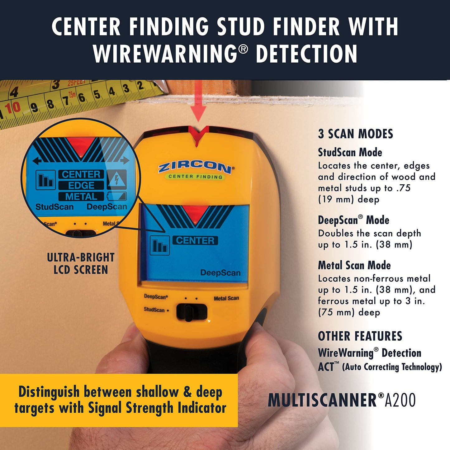 Zircon Multiscanner A200 Electronic Wall Scanner / Metal Detector/ Live AC Wire Detection With SpotLite Pointer - WoodArtSupply