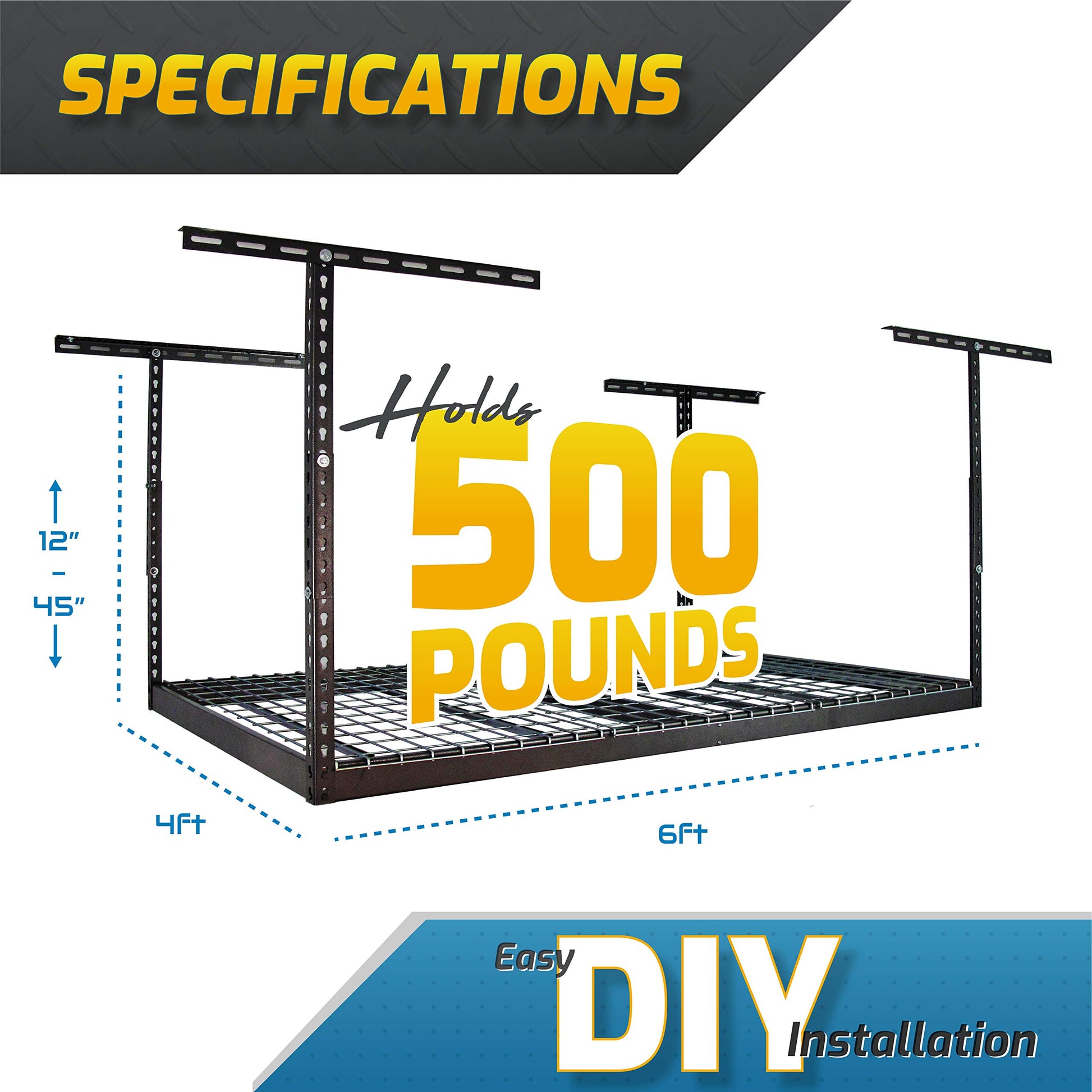 MonsterRax Overhead Garage Storage Racks 4x6 (2-Pack) Ceiling Mounted Shelving, Adjustable Hanging Storage Organizer, Heavy Duty Steel, Holds 500 - WoodArtSupply