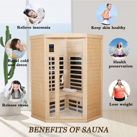 SALUSHEAT Far Infrared Wooden Sauna Room, 2 Person Home Sauna, Canadian Hemlock Indoor Corner Sauna Spa, 7 Low EMF Heaters, 2 Bluetooth Speakers, 2 SALUSHEAT