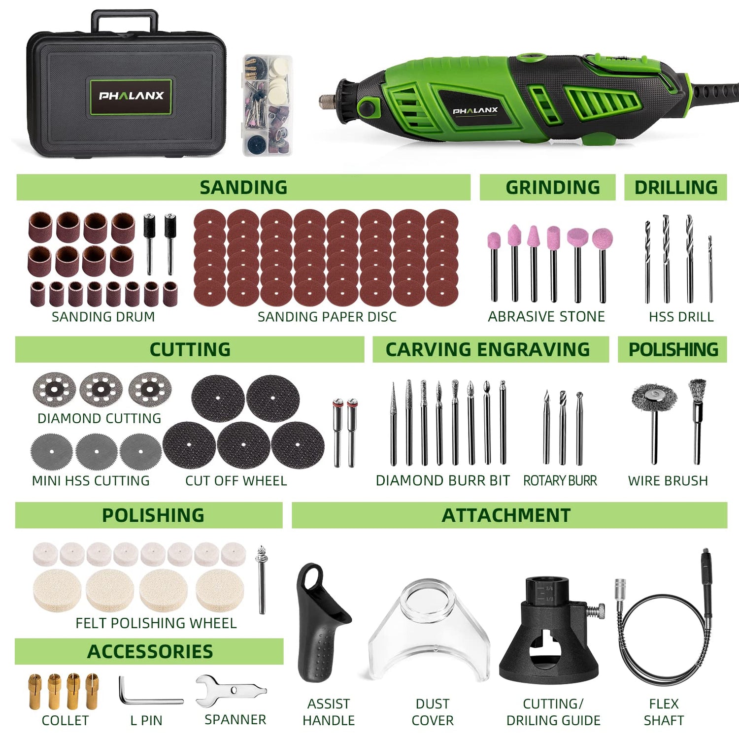 180W Rotary Tool Kit, 1.5-Amp PHALANX 6 Variable Speed with Flex Shaft, 8000-32000RPM Multi-Tool& 139pcs Accessories Kit, Power Multiuse Set Prefect PHALANX