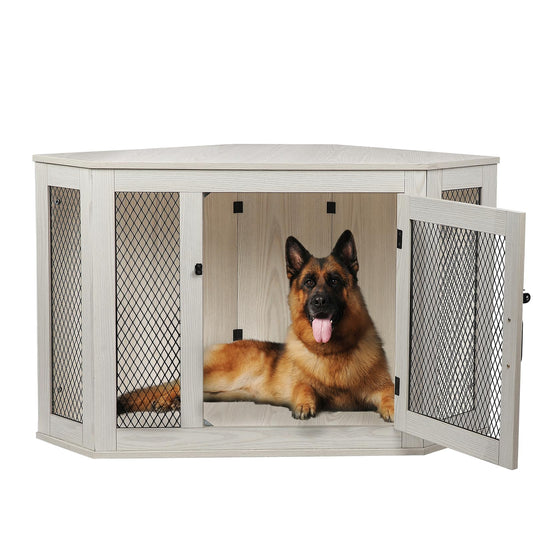 OFIKA Corner Dog Crate Furniture, Wooden Corner Dog Kennel Side End Table with Metal Mesh,Indoor Pet Crates Corner Side Table for Small Medium Large - WoodArtSupply