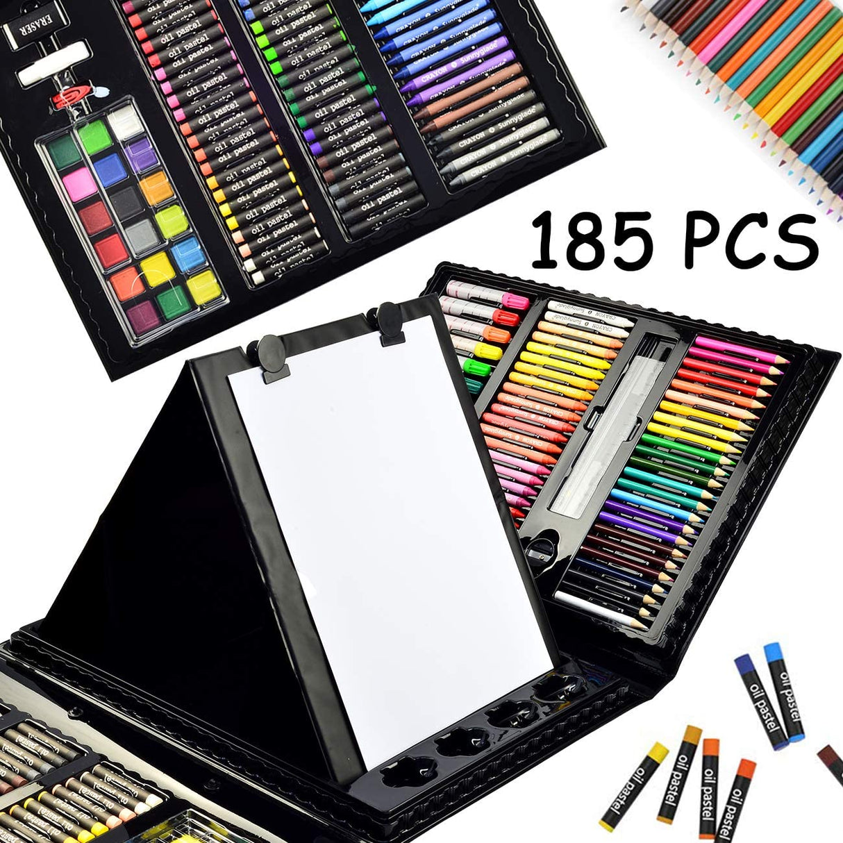 Sunnyglade 185 Pieces Double Sided Trifold Easel Art Set, Drawing Art Box with Oil Pastels, Crayons, Colored Pencils, Markers, Paint Brush, Sunnyglade