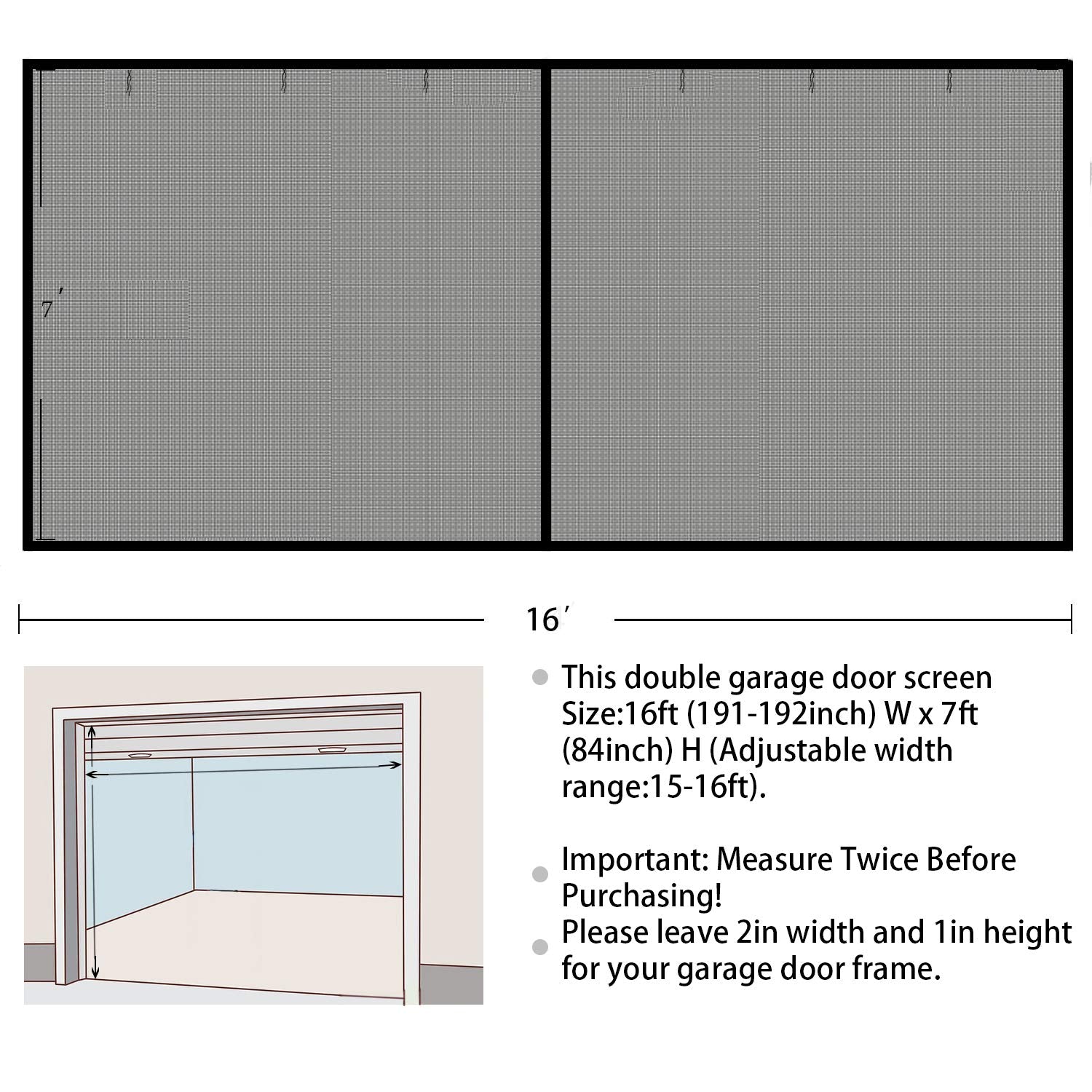 Garage Door Screen, 16x7 Ft Magnetic Closure Heavy Duty Weighted Bottom Garage Screen Doors for 2 Car Garage, Fiberglass Mesh Anti Annoying Animal - WoodArtSupply