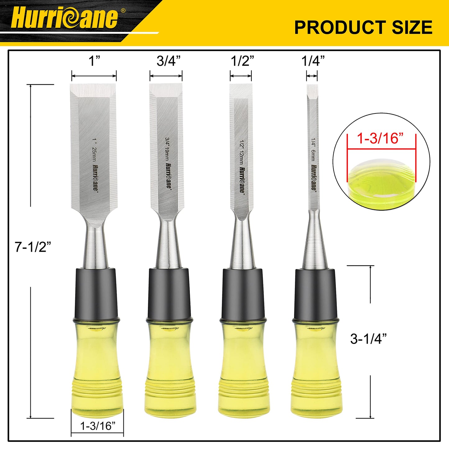 HURRICANE 4 Piece Wood Chisel Set for Woodworking, CRV Steel Beveled Edge Sharp Blade with Caps, Extra Large Size Durable PVC High Impact Handle, - WoodArtSupply