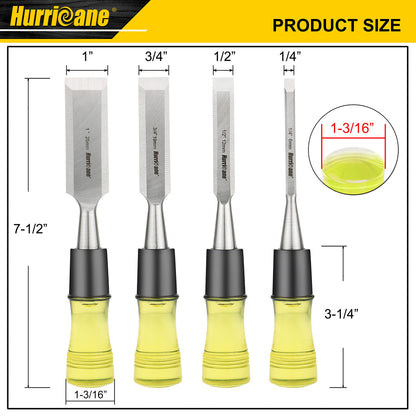 HURRICANE 4 Piece Wood Chisel Set for Woodworking, CRV Steel Beveled Edge Sharp Blade with Caps, Extra Large Size Durable PVC High Impact Handle, - WoodArtSupply