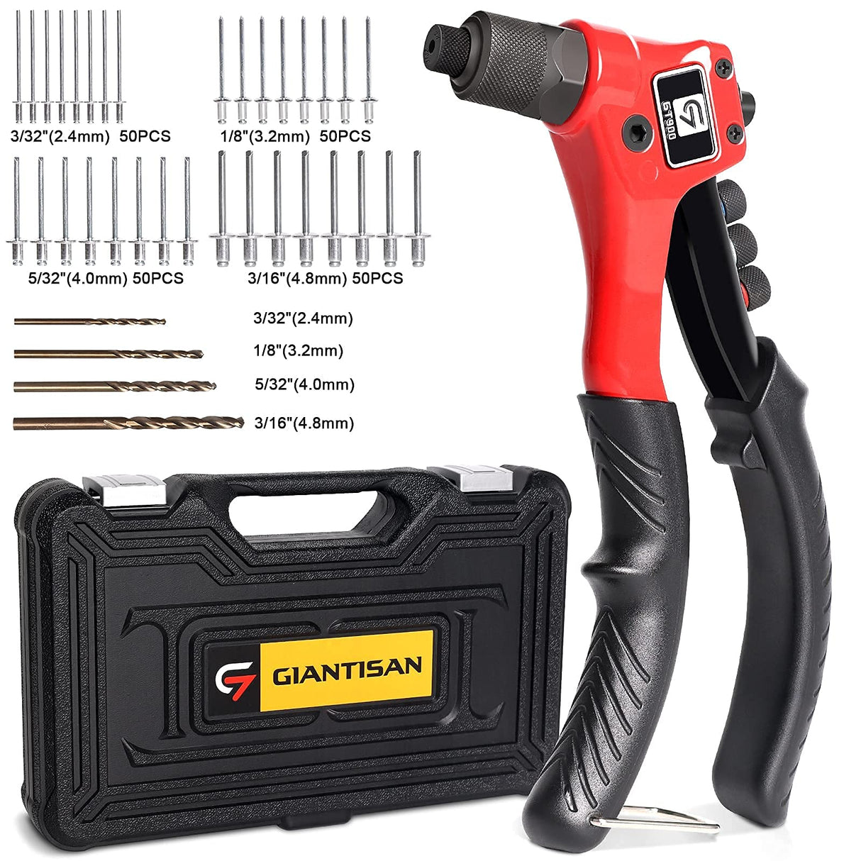Rivet Gun, GIANTISAN Pop Rivet Tool Kit with 200 Rivets and 4 Drill Bits, Manual Hand Riveter Kit with Rugged Carrying Case G GIANTISAN