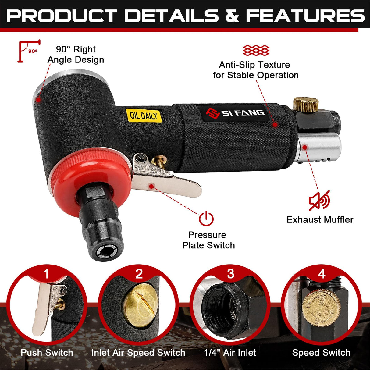 SI FANG 16Pcs Air Die Grinder Kit, Right Angle Die Grinder with 1/4" 1/8" Collets and 2" Quick Change Roll Lock Sanding Discs Accessories Set, SI FANG
