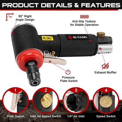 SI FANG 16Pcs Air Die Grinder Kit, Right Angle Die Grinder with 1/4" 1/8" Collets and 2" Quick Change Roll Lock Sanding Discs Accessories Set, - WoodArtSupply