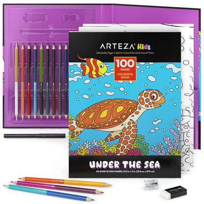 Arteza Kids Coloring Book and Pencils Kit, 8.5x11 Inches, Sea Creature Illustrations, 50 Double-Sided Coloring Sheets, 100-lb Paper, 12 Double-Ended