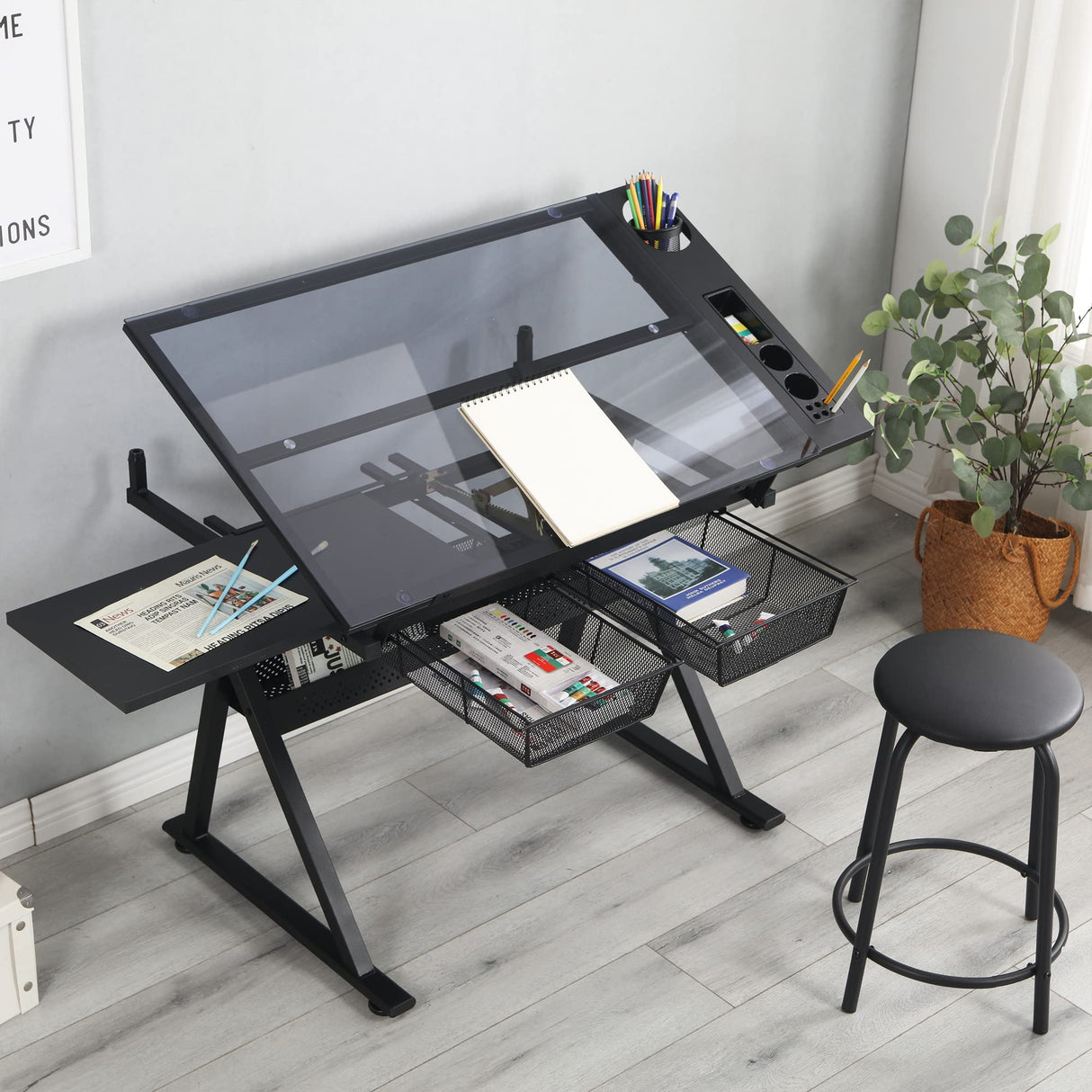 LiviNest Height Adjustable Drafting Table - Modern Tempered Glasses Artist Drawing Table Tilted Tabletop with Chair - Glass Topped Art Desk Work LiviNest