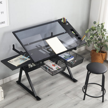 LiviNest Height Adjustable Drafting Table - Modern Tempered Glasses Artist Drawing Table Tilted Tabletop with Chair - Glass Topped Art Desk Work LiviNest