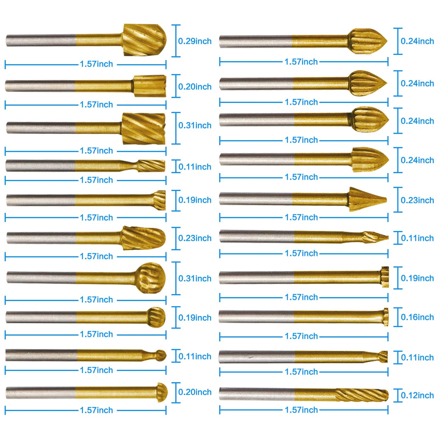 20pcs Rotary Bits Burr Set with 1/8 inch Shank for DIY Woodworking, Carving, Engraving, Drilling.