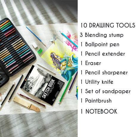 Zenacolor 74 Pack Drawing Set, Pro Art kit include Sketchbook, Colored, Graphite, Watercolor, Metallic & Charcoal Pencils for Drawing + Accessories, Zenacolor