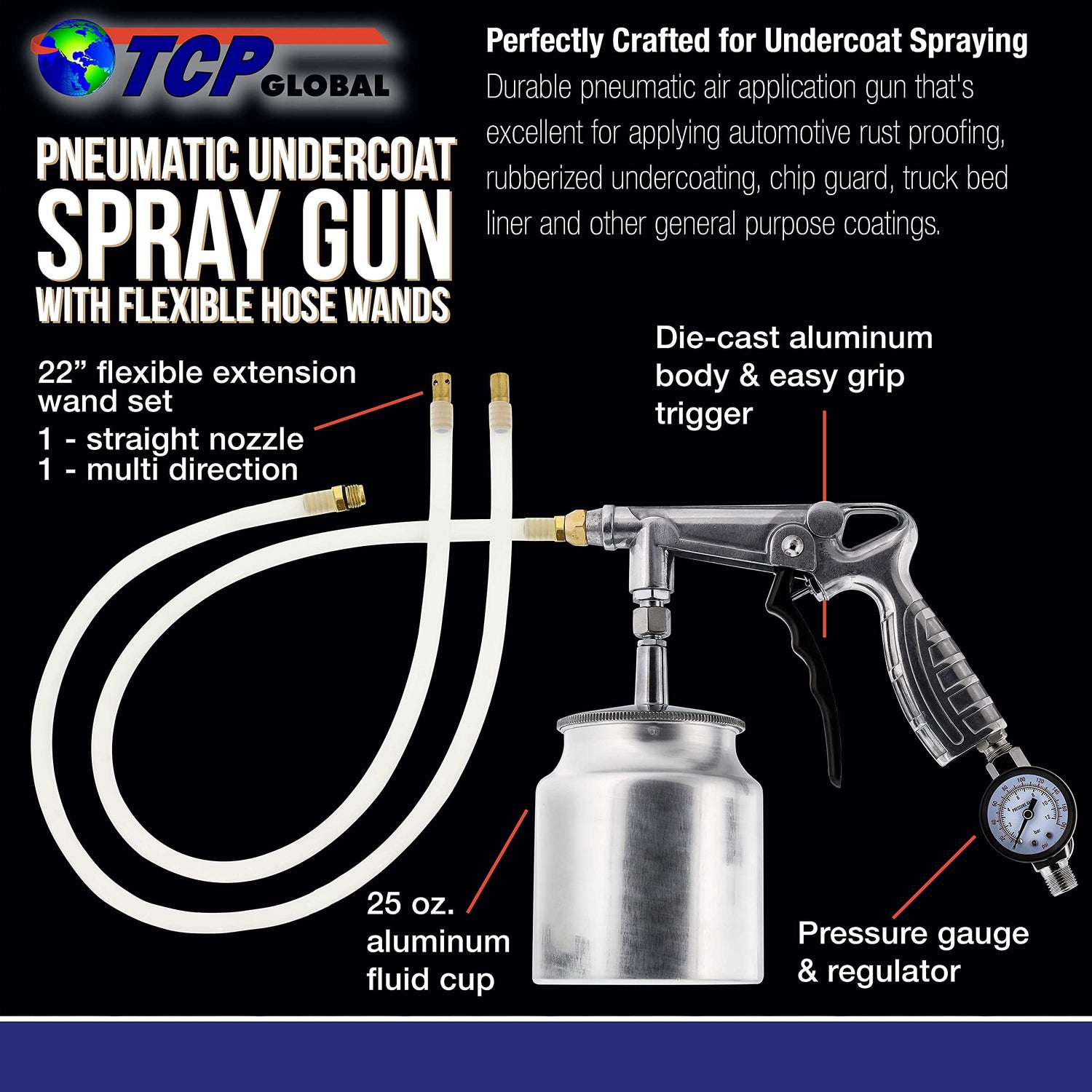 TCP Global Air Rust Proofing and Undercoating Gun with Gauge & Suction Feed Cup, 2 Wands - 22" Long Flexible Extension Wand with Multi-Directional TCP Global