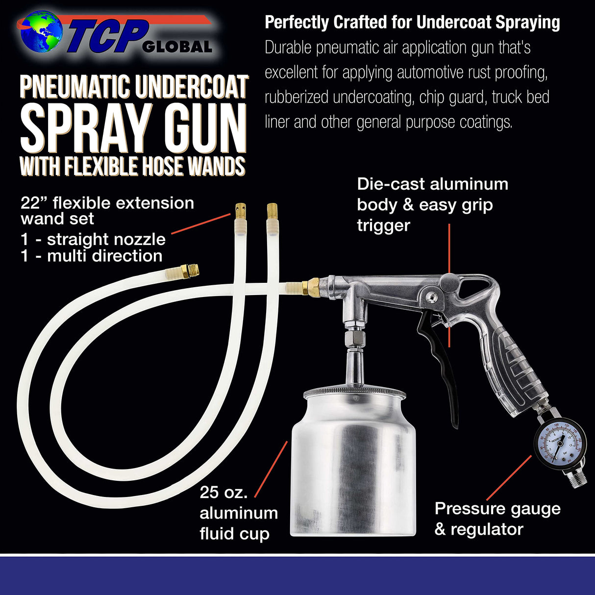 TCP Global Air Rust Proofing and Undercoating Gun with Gauge & Suction Feed Cup, 2 Wands - 22" Long Flexible Extension Wand with Multi-Directional TCP Global