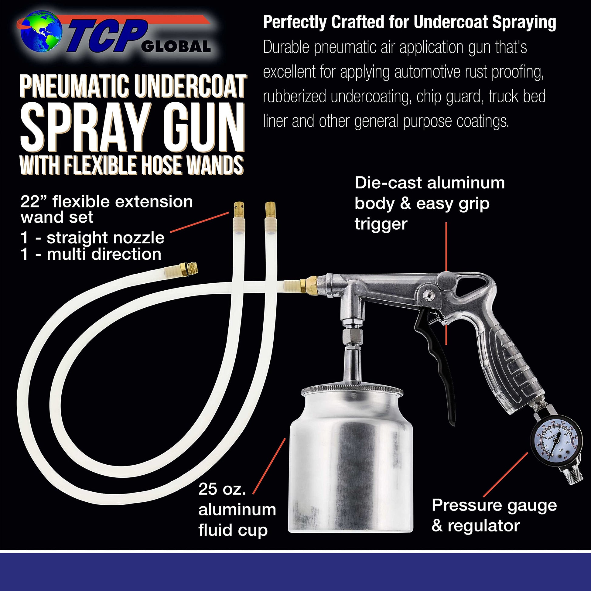 TCP Global Air Rust Proofing and Undercoating Gun with Gauge & Suction Feed Cup, 2 Wands - 22" Long Flexible Extension Wand with Multi-Directional - WoodArtSupply