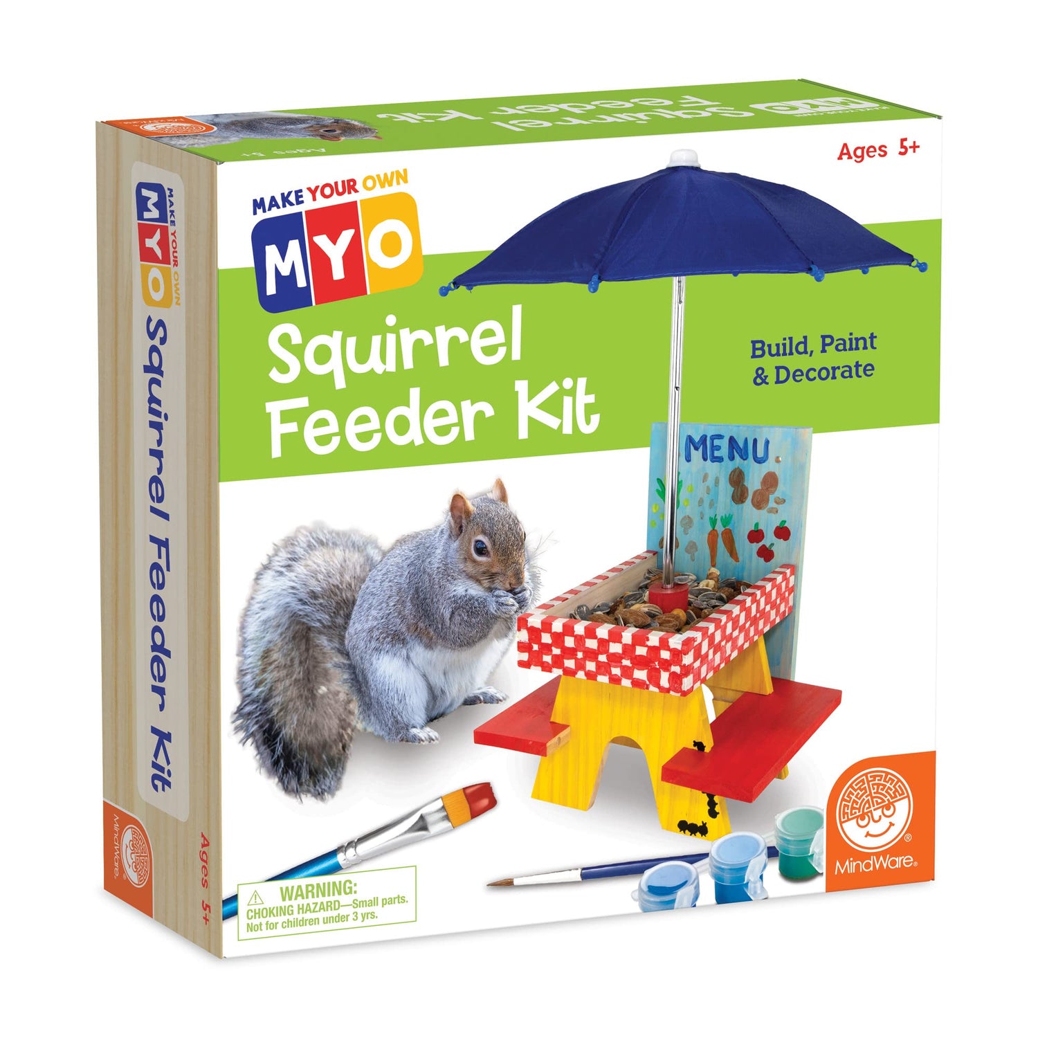 MindWare Make Your Own (MYO) Squirrel Feeder Craft Kit for Kids - Includes Wood Pieces, Paint, Brushes, Instructions and More MindWare