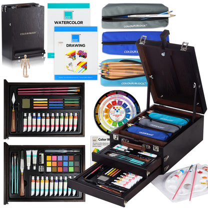 COLOUR BLOCK 152 pc Wooden Easel Mixed Media Art Supplies Artist Painting and Drawing Kit, Adult Art Set with Acrylic Paint and Pencils, Sketch Book