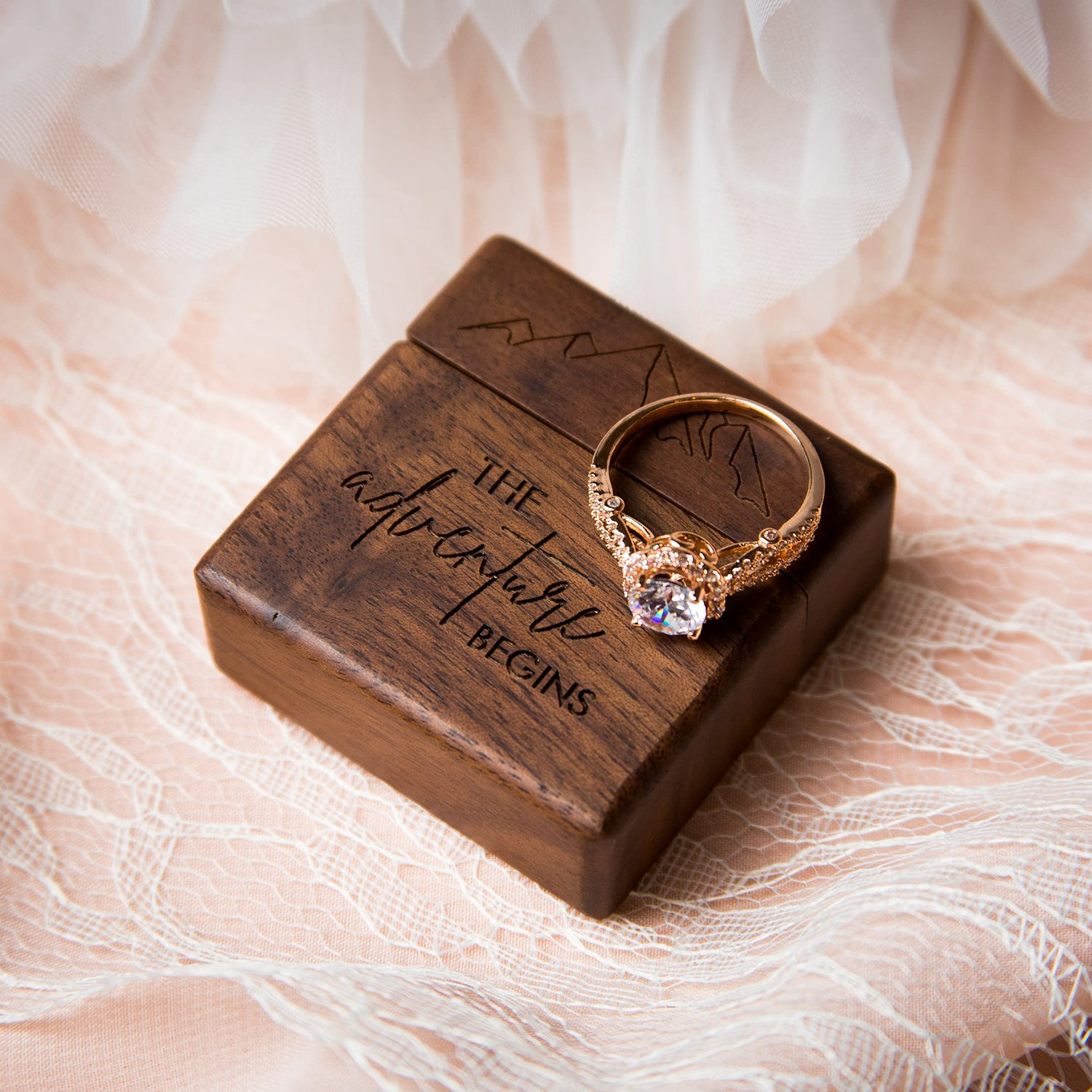 MUUJEE Slim Engagement Ring Box - Engraved Wooden Ring Box for Wedding Ceremony Engagement Proposal, Ring Bearer Box, Christmas Birthday Gift Ideas MUUJEE