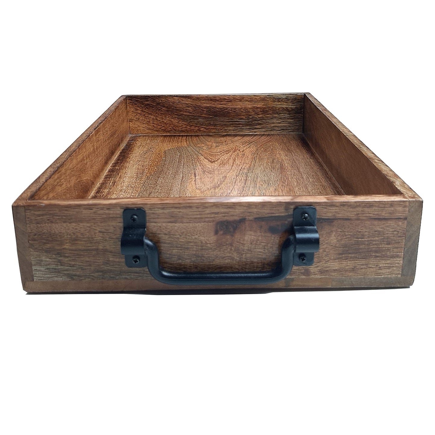 SAVON Wood Serving Tray With Black Metal Handle 15 inches Natural Torched Rustic - WoodArtSupply