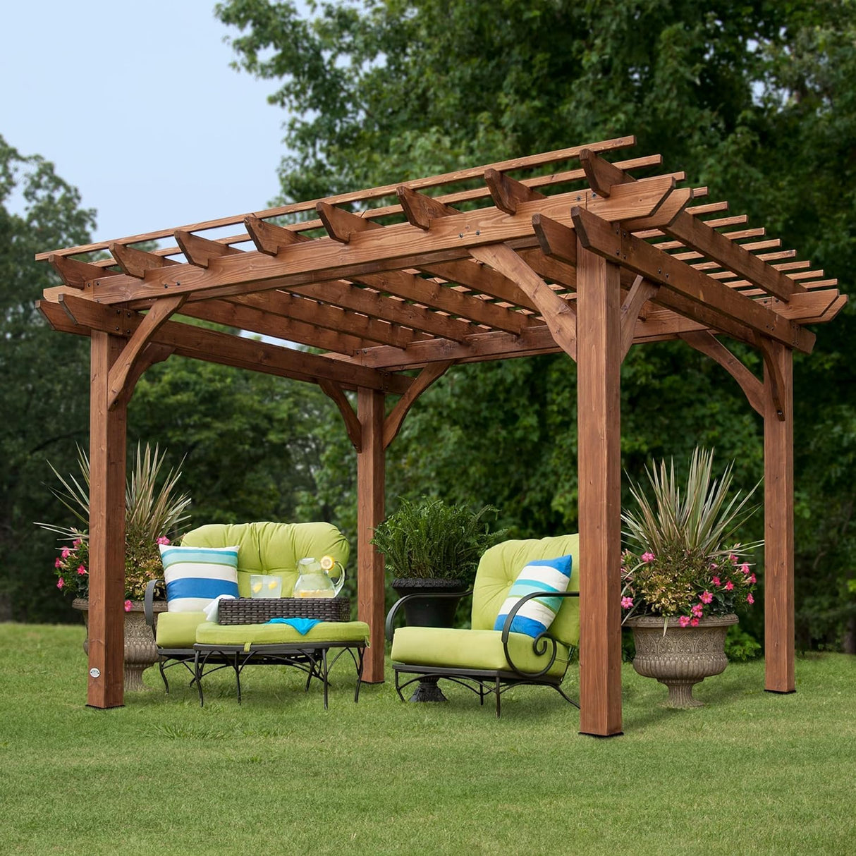 Backyard Discovery 12' by 10' Cedar Wood Pergola, Wind Secure, Strong, Quality Made, Rot Resistant, Concrete Anchors, Spacious for Outdoor Patio, Backyard Discovery